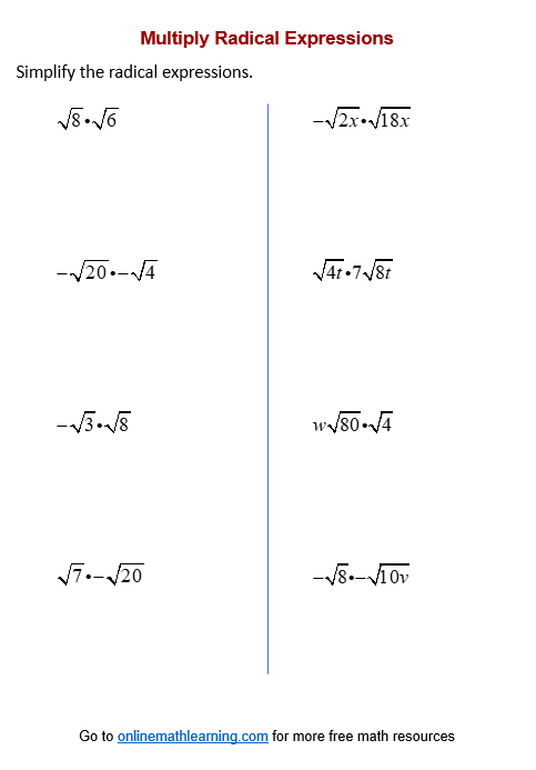 Multiply Radicals Worksheets printable Online Answers Examples