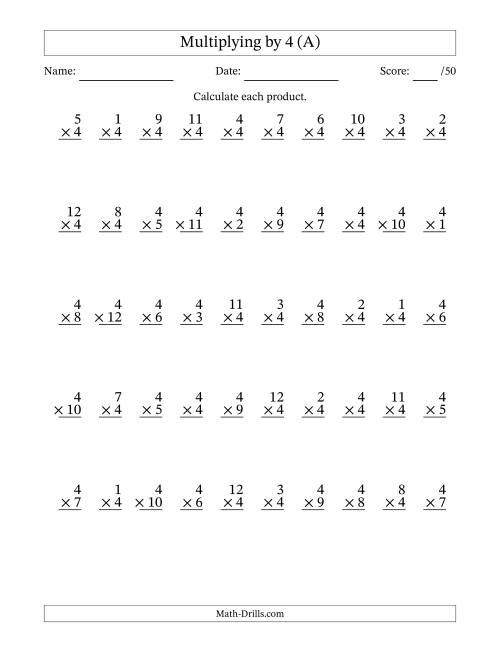 Multiplying 1 To 12 By 4 50 Questions A Worksheets Library
