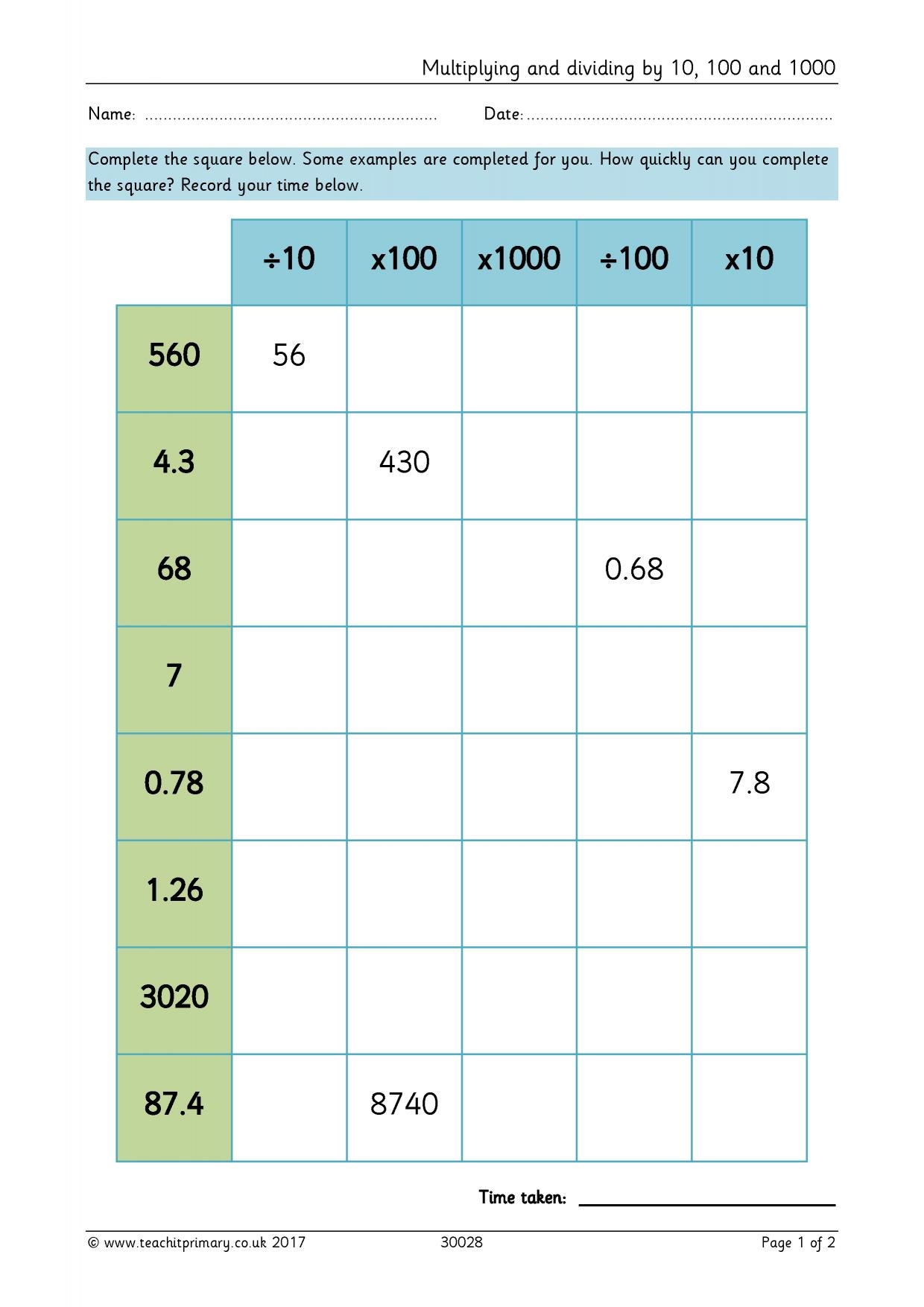 multiply by 10 worksheet
