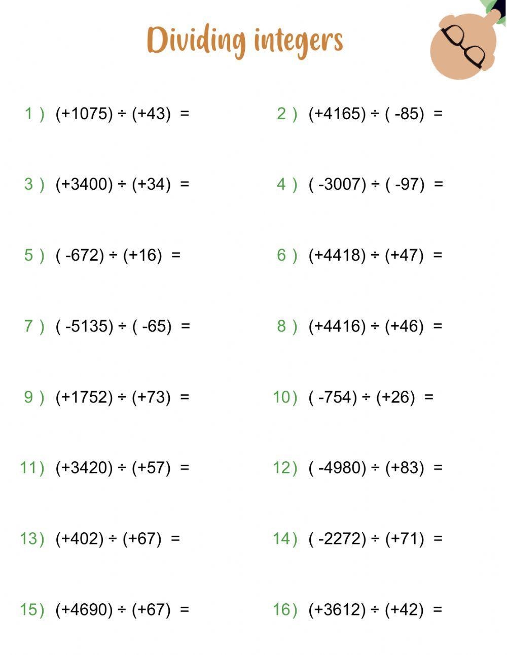 integers worksheet multiplying and dividing
