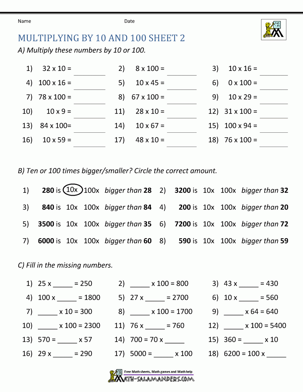 multiplying by 10 worksheets