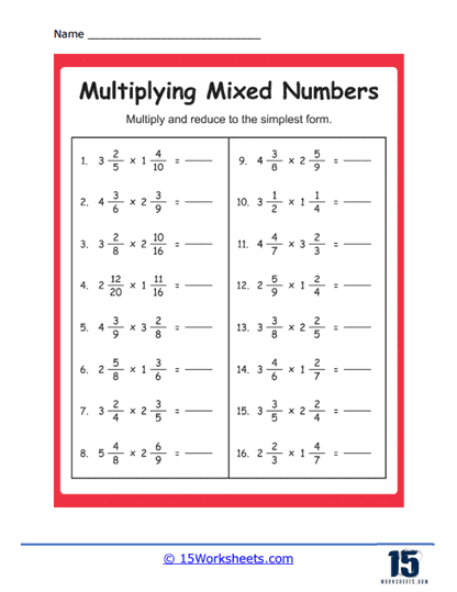 Multiplying Mixed Numbers Worksheets 15 Worksheets