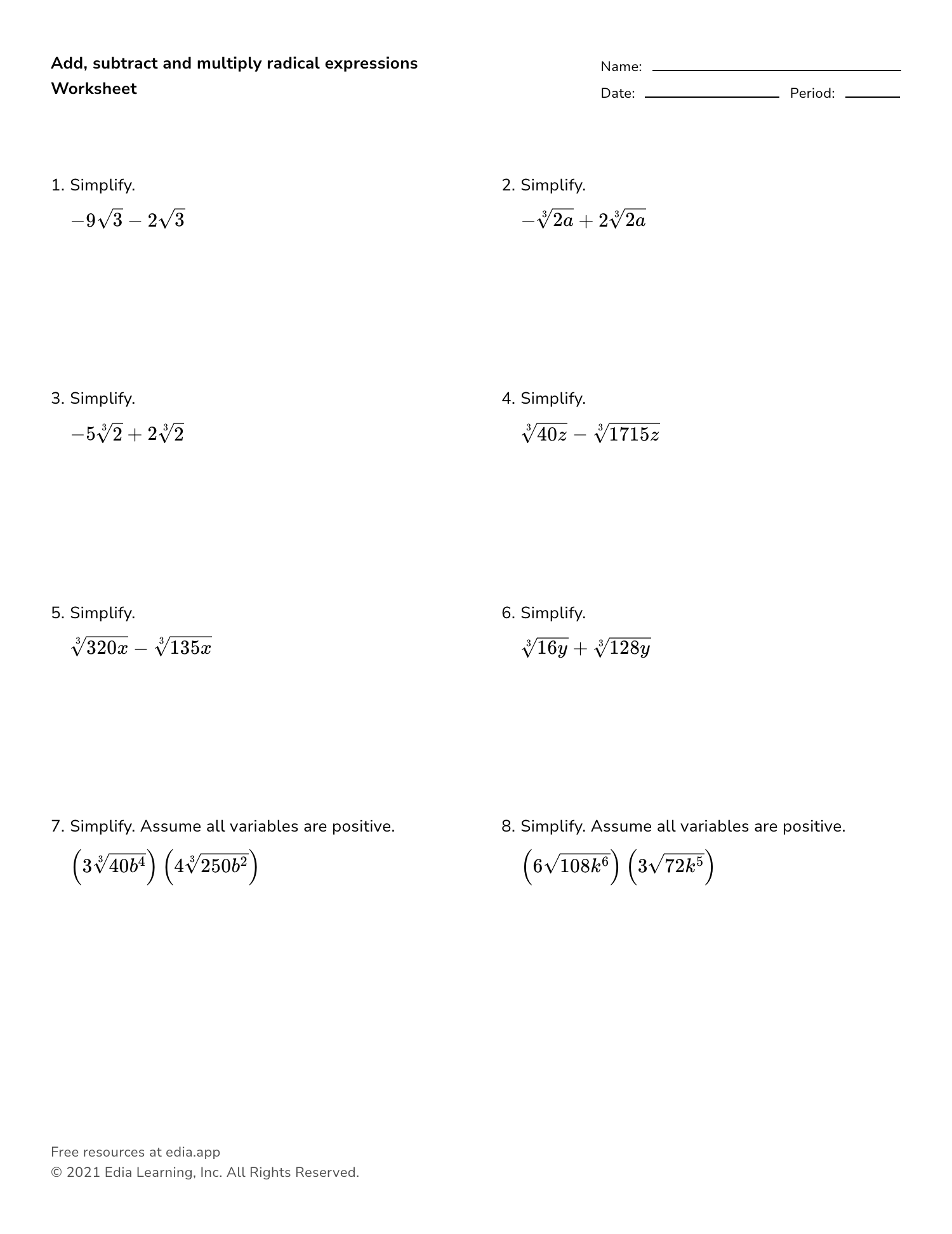 Multiplying Radical Expressions Worksheets Worksheets Library