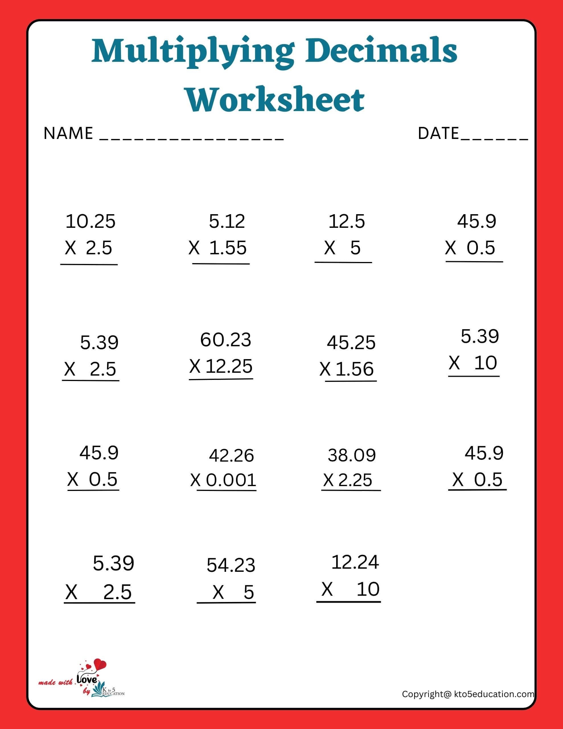 Multiplying Whole Numbers By Decimals Worksheet Printable Word Searches