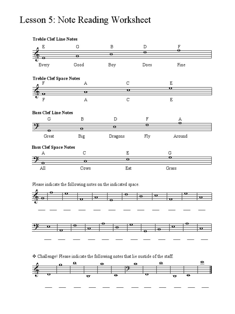 Music Theory Worksheet 5 Note Reading PDF Musical Compositions
