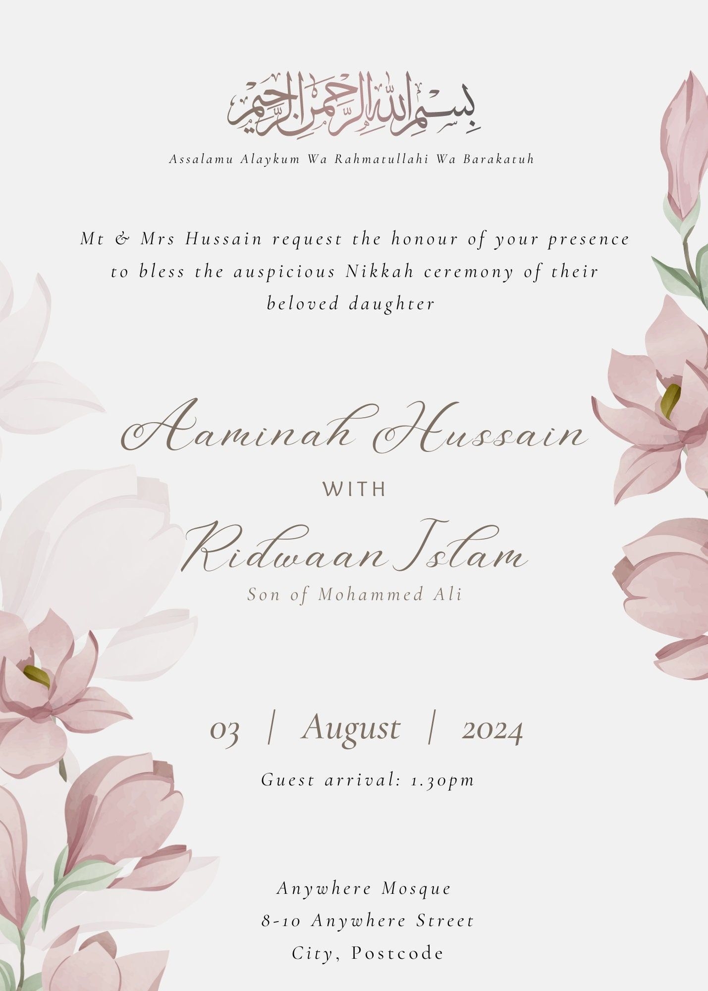 Muslim Nikkah Walima Mehndi Digital Wedding Invite Template Pink 