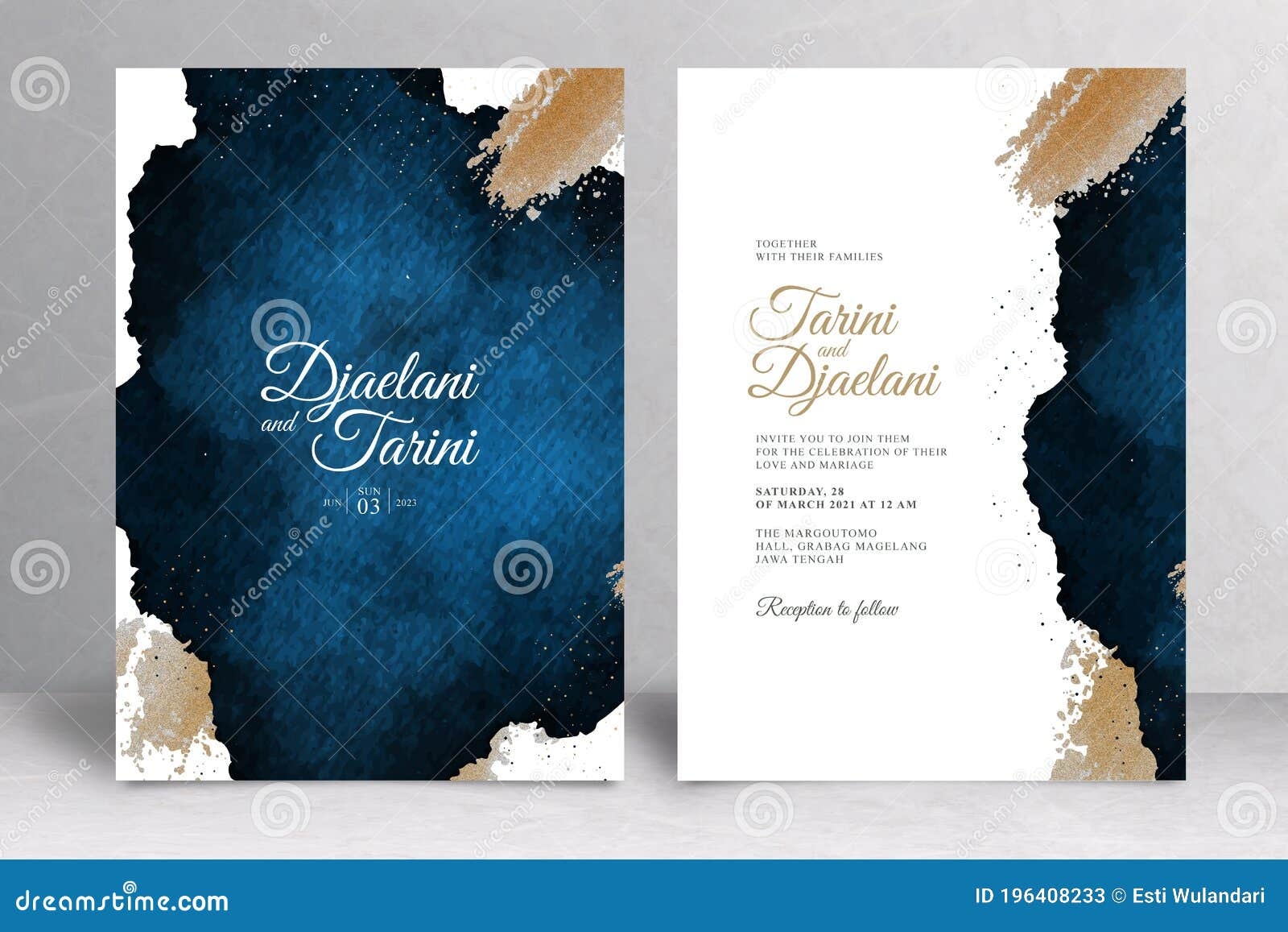 Navy Blue And Gold Wedding Invitation Template Cartoon Vector 