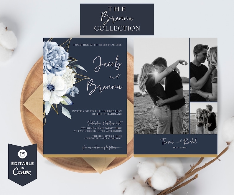 Navy Blue Invitation Template GOLD AND NAVY Floral Invite Boho 