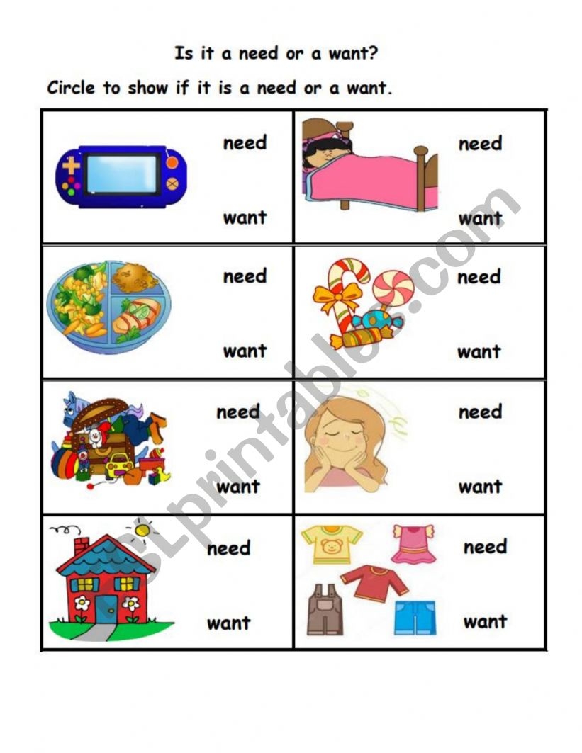 Needs And Wants ESL Worksheet By Kasharnie Worksheets Library