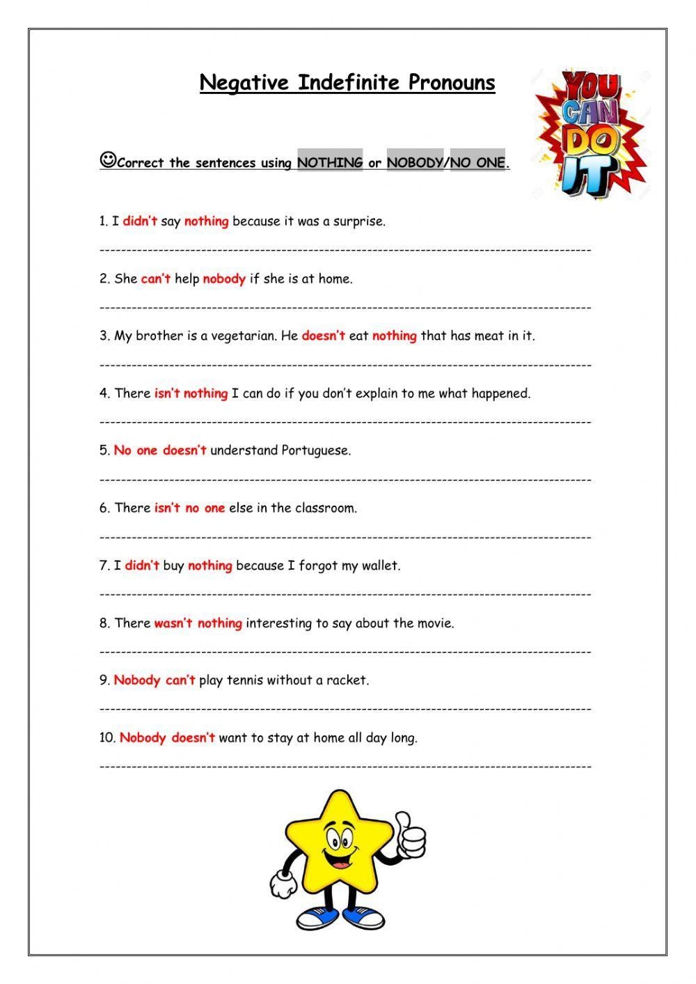 Negative Indefinite Pronouns Worksheet Live Worksheets Worksheets