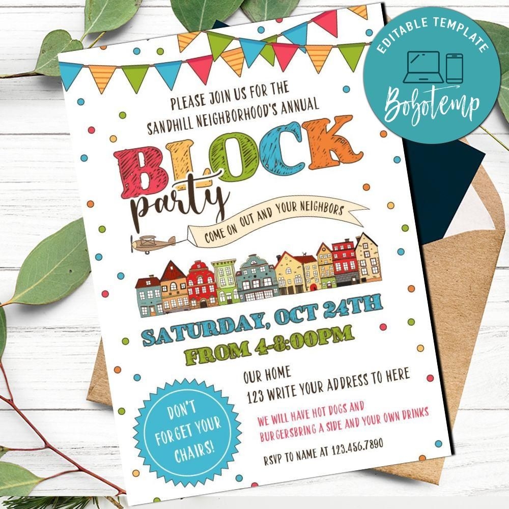 Neighborhood Block Party Invitation Customizable Template DIY Bobotemp