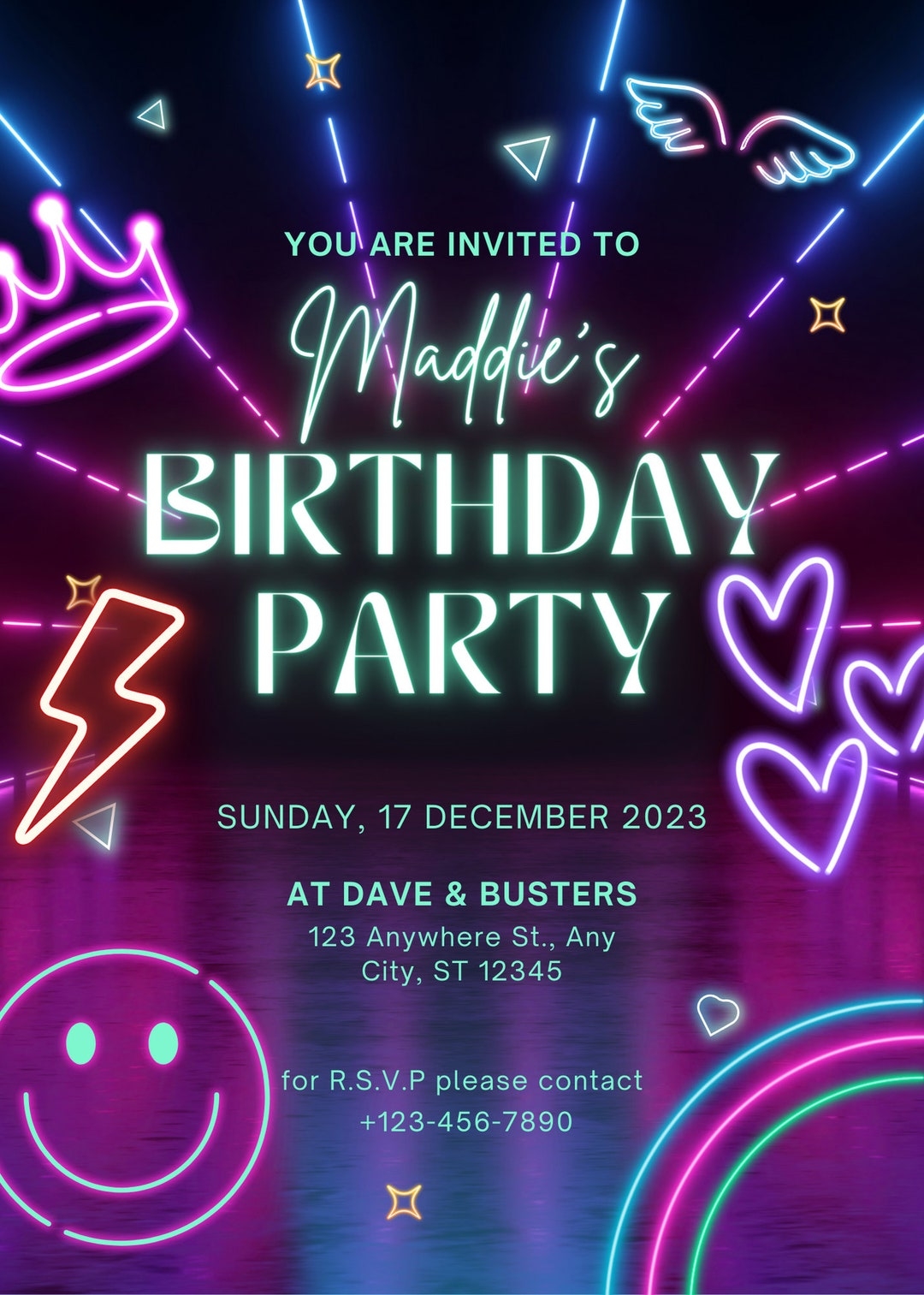 Neon Birthday Invitation Template Neon Lighys Birthday Invitation 