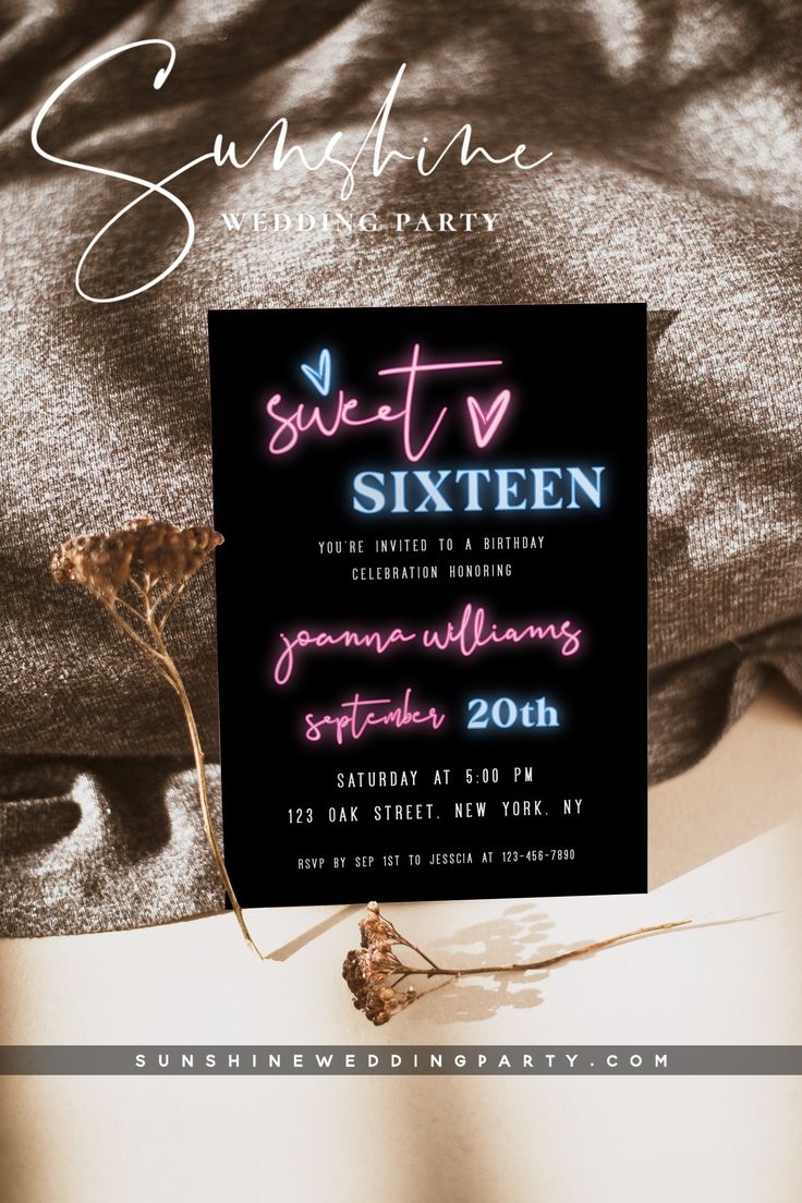 Neon Invitation Template DIY Quincea era Sweet 16 Party Invitation