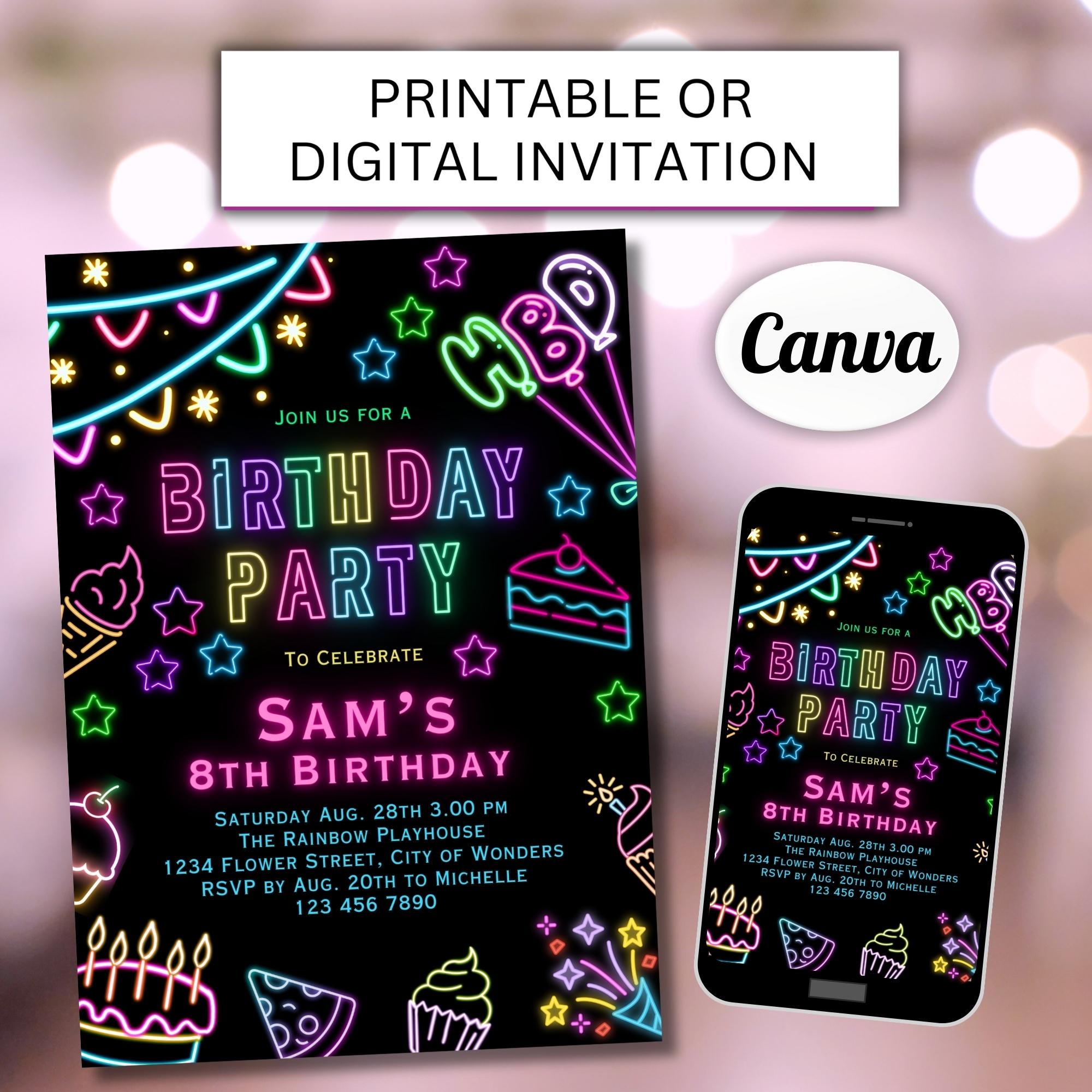 Neon Invitation Template Girl Neon Invite Neon Glow Invite Customisable 
