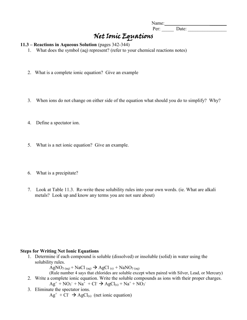 net ionic equation worksheet