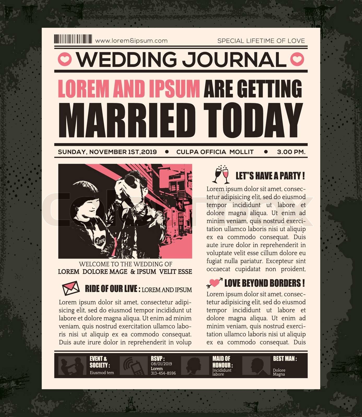 Newspaper Wedding Invitation Design Template Stock Vector Colourbox
