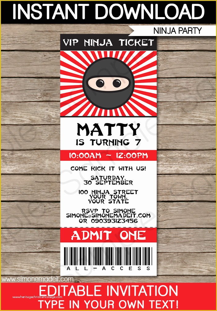 Ninja Birthday Party Invitation Template Free Of Ninja Party Ticket 