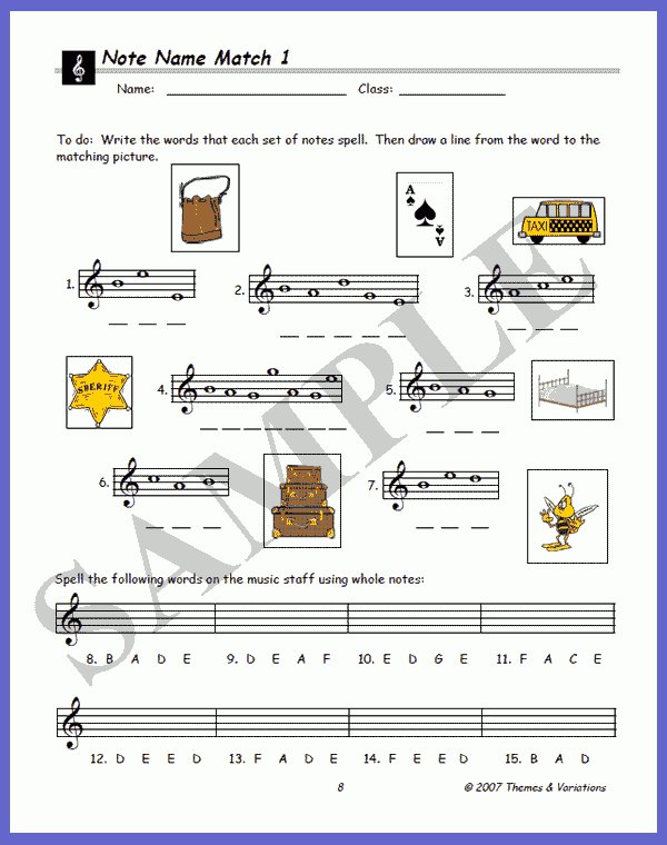 Note Name Match Worksheet For Practicing The Names Of Notes In The 