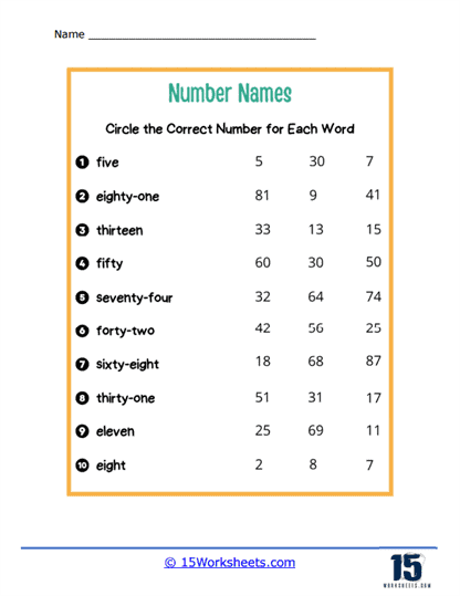 numerals and number names worksheets