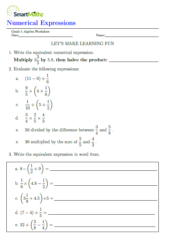 Numerical Expressions SmartMathz Worksheets Library