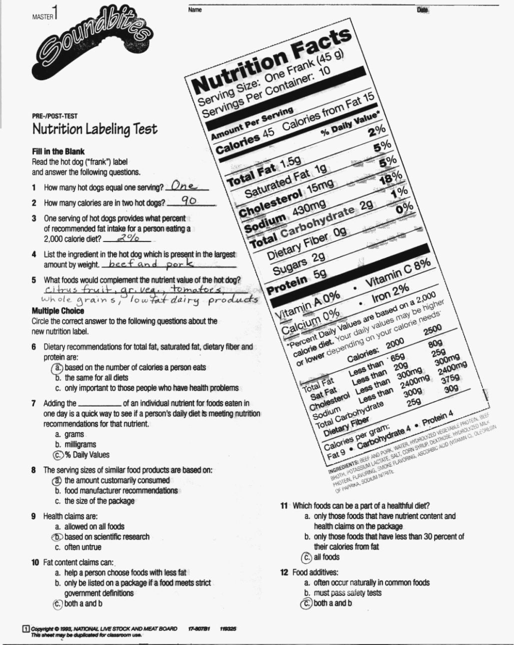nutrition vocabulary worksheet answer key