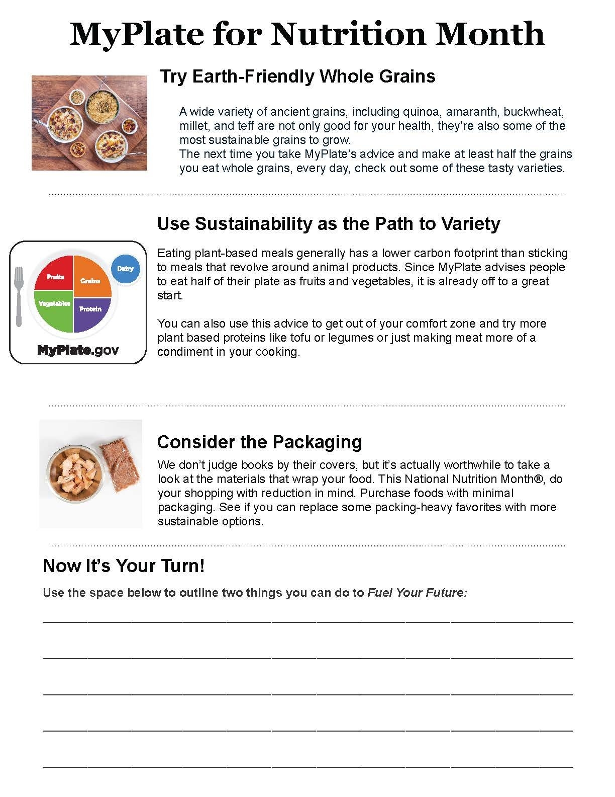 Nutrition Month Worksheet Handout To Use MyPlate In Printable 