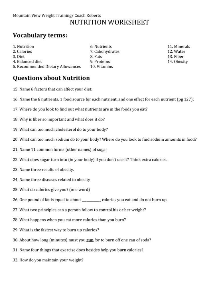 Nutrition Worksheet Vocabulary Questions