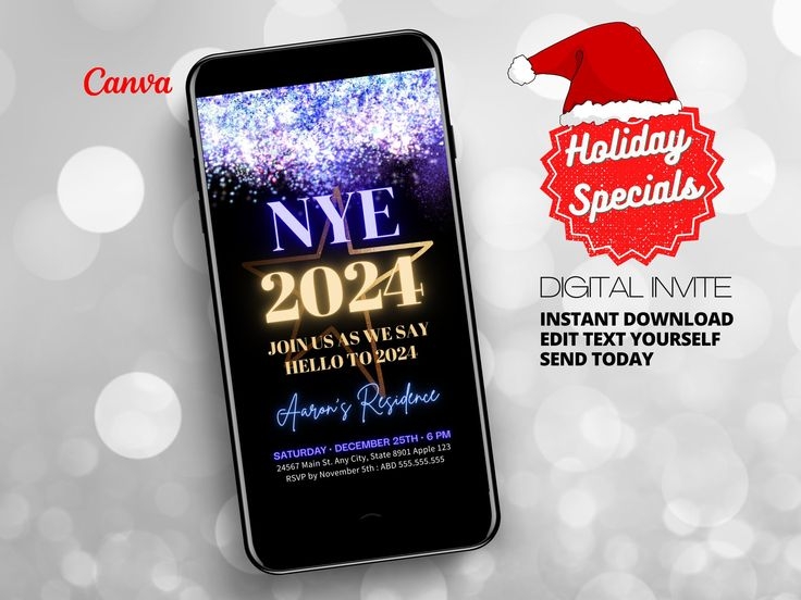 NYE Party Invitation 2024 NYE Party Invite Digital Download Editable 