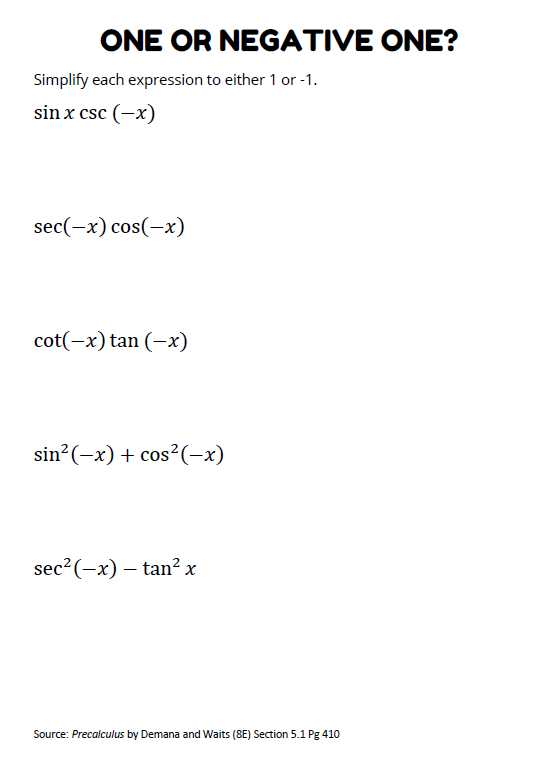 One Or Negative One Trig Identities Worksheet Math Love 