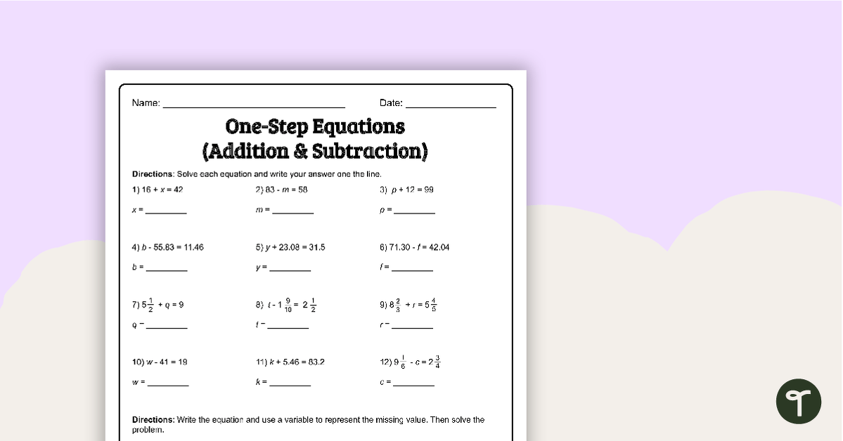One Step Equations Addition And Subtraction Worksheet Teach 