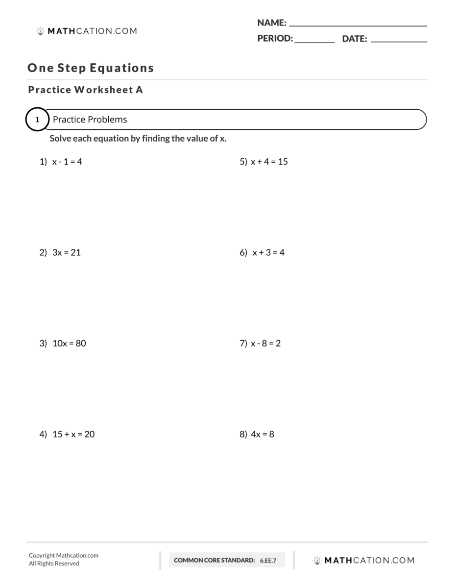 single step equations worksheet