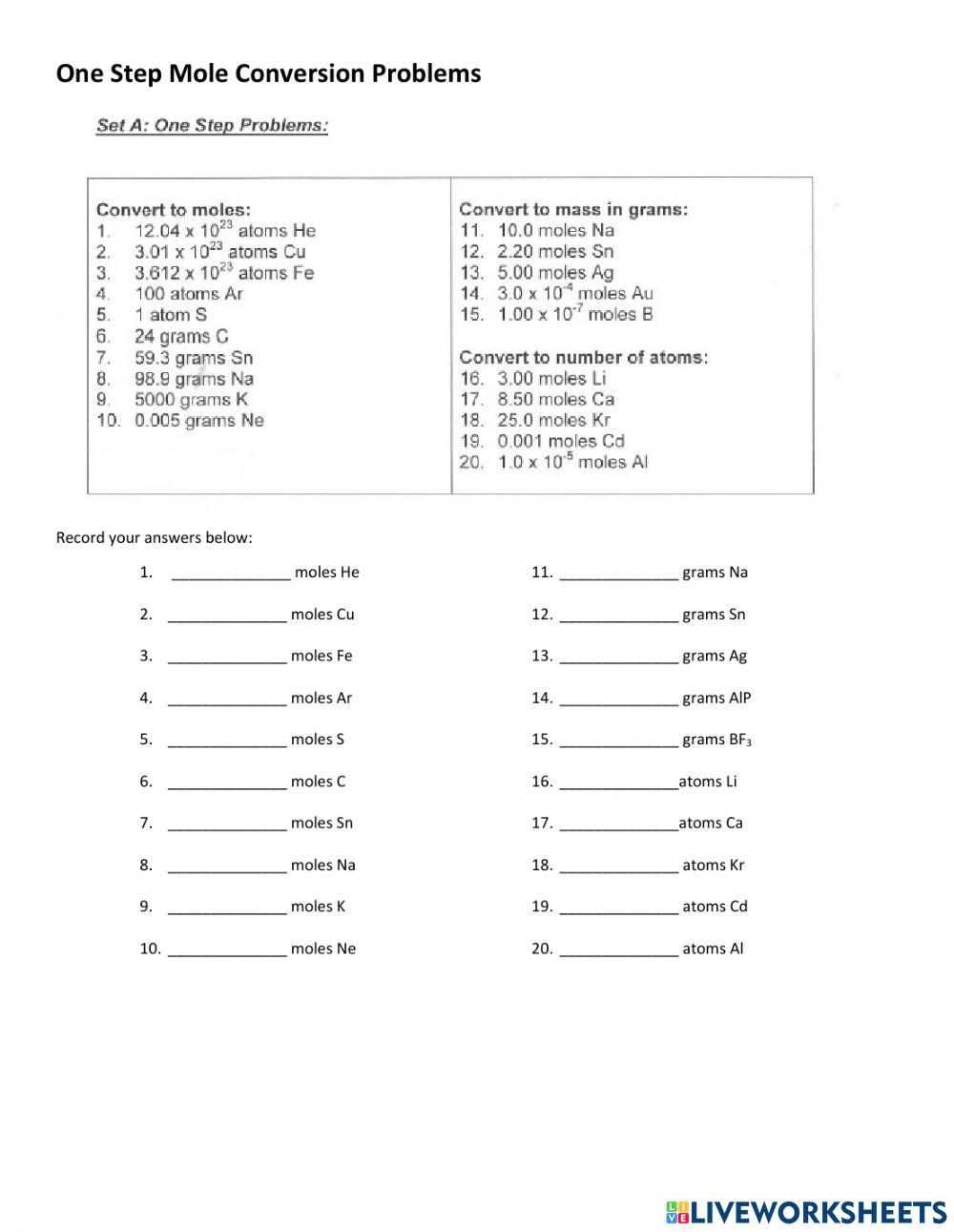 One Step Mole Conversions Worksheet Live Worksheets Worksheets Library