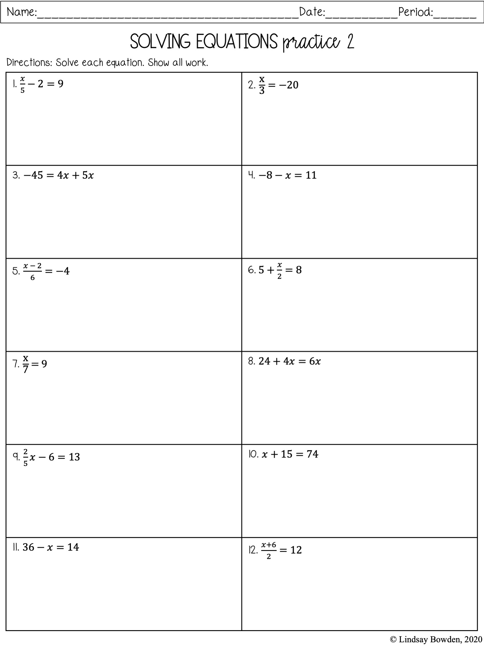 one step and two step equations worksheet