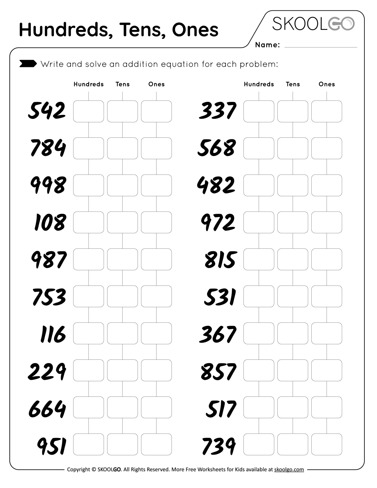 Ones Tens Hundreds Worksheets Worksheets Worksheet Hero
