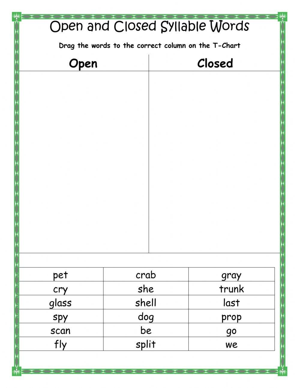 open and closed syllable worksheets