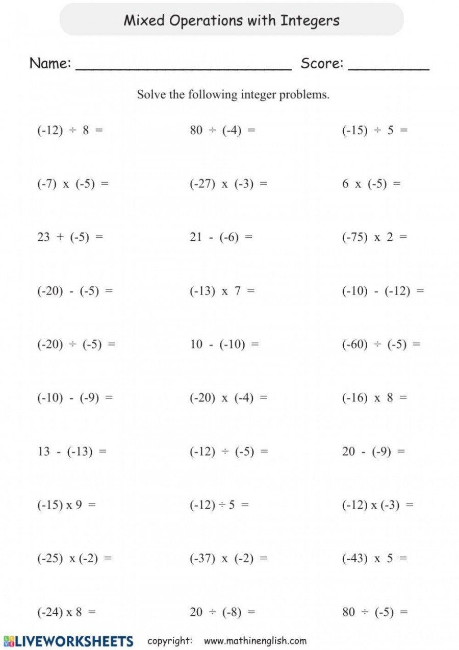 Operations With Integers Worksheet Printable PDF Template