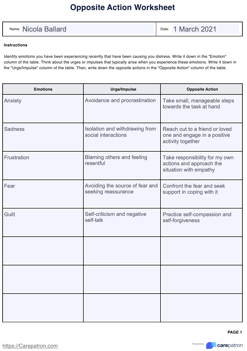 Opposite Action DBT Worksheet Example Free PDF Download DBT Worksheets
