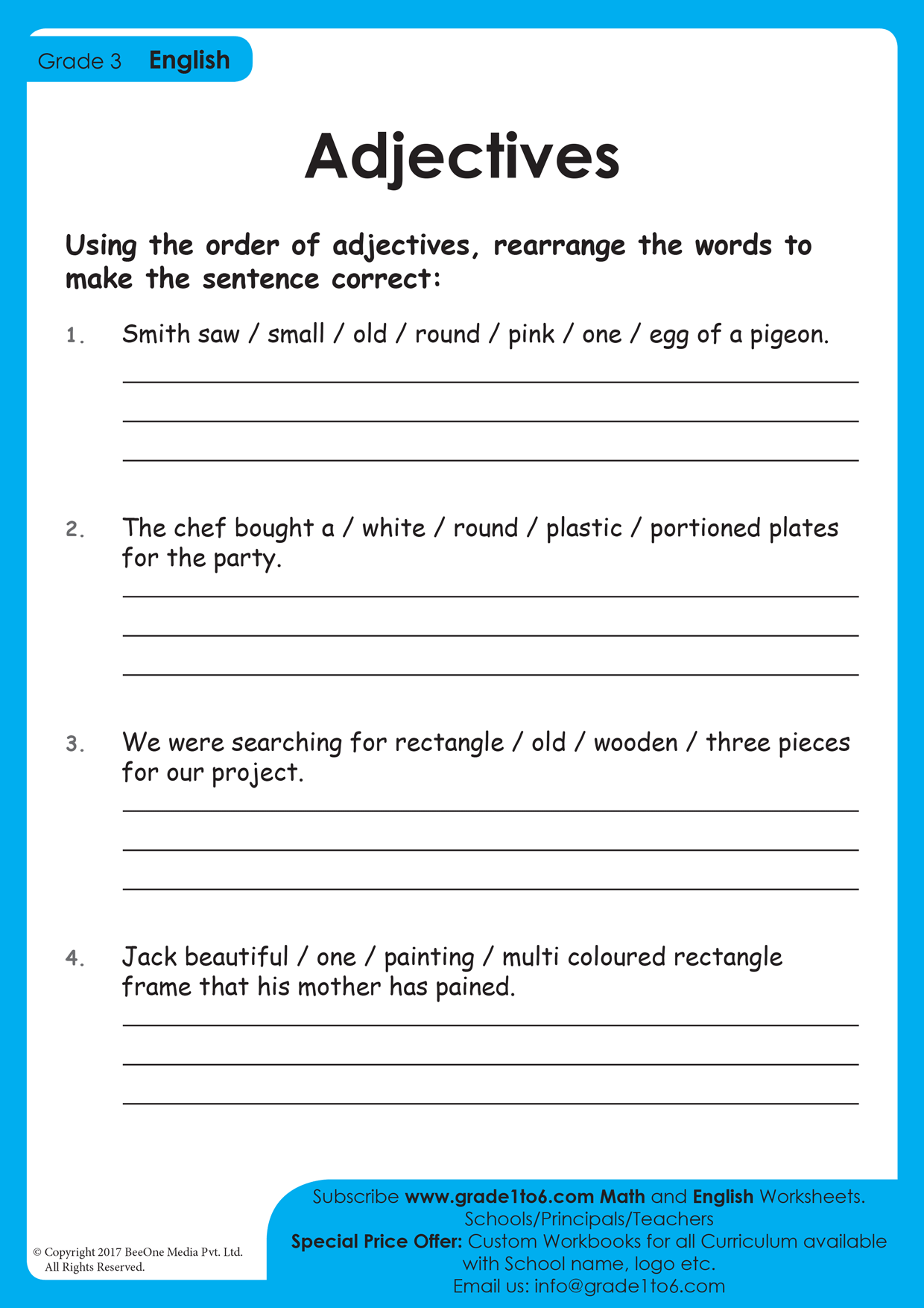 Order Of Adjectives Worksheet For Grade 3 Worksheets Library