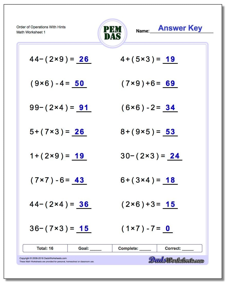 Order Of Operations Grade 5 Pemdas Worksheet Answers Order Of