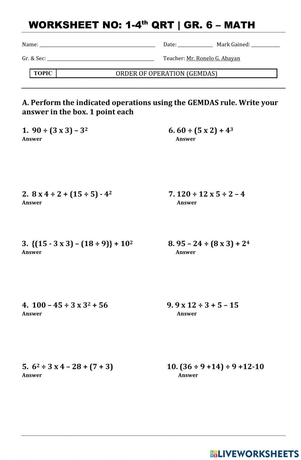 order of operations worksheet grade 6