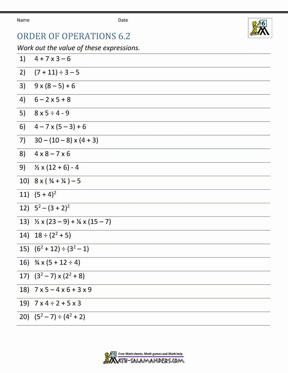 Order Of Operations Worksheet 6 Worksheets Worksheets Library