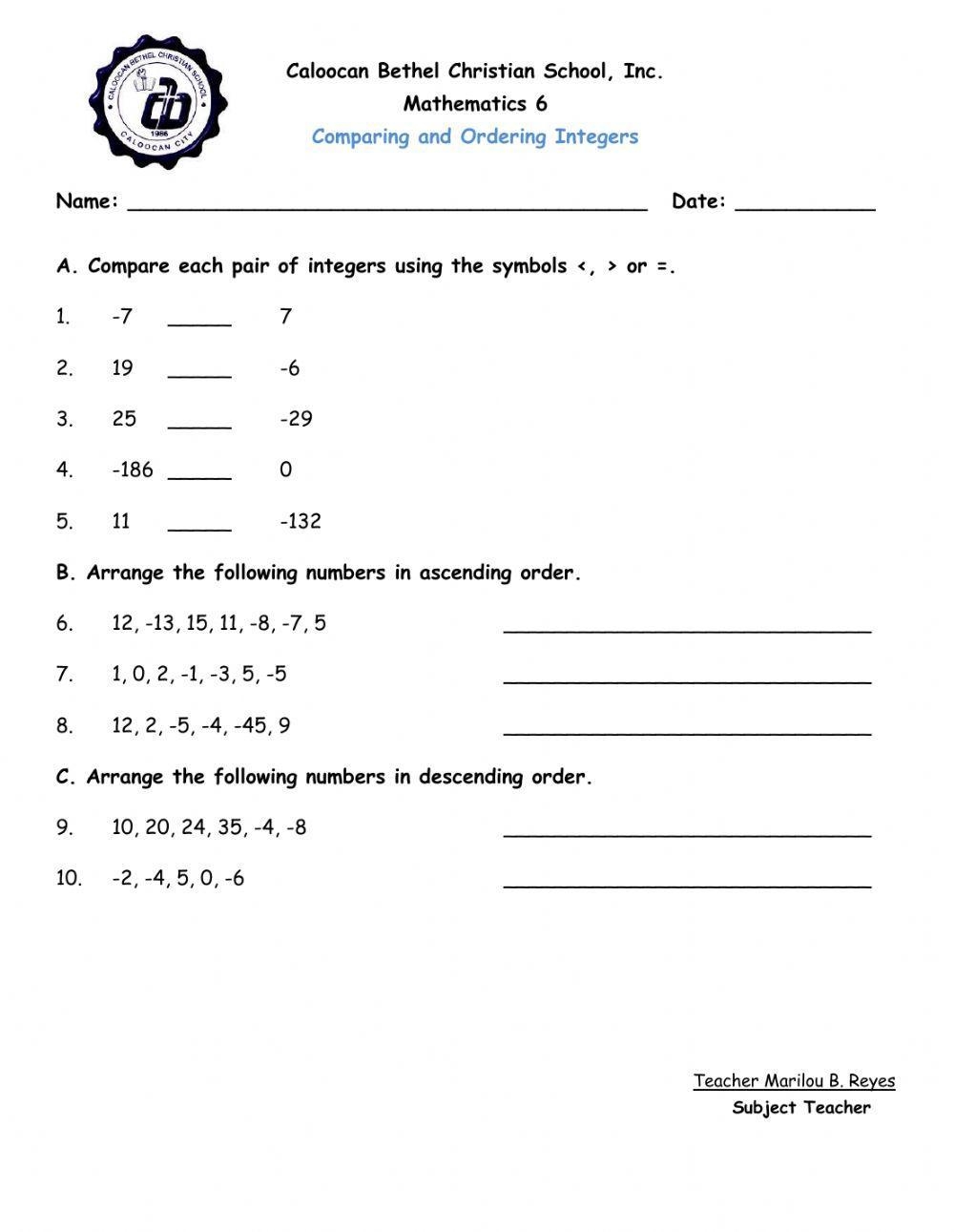 Ordering Positive And Negative Integers Multiple Choice 