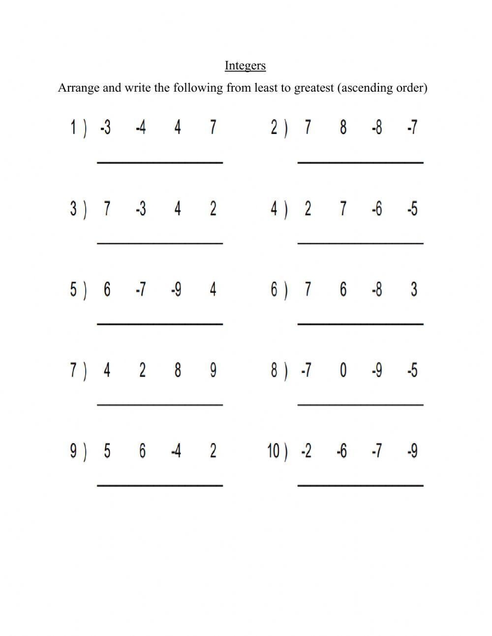 Ordering Positive And Negative Integers Multiple Choice