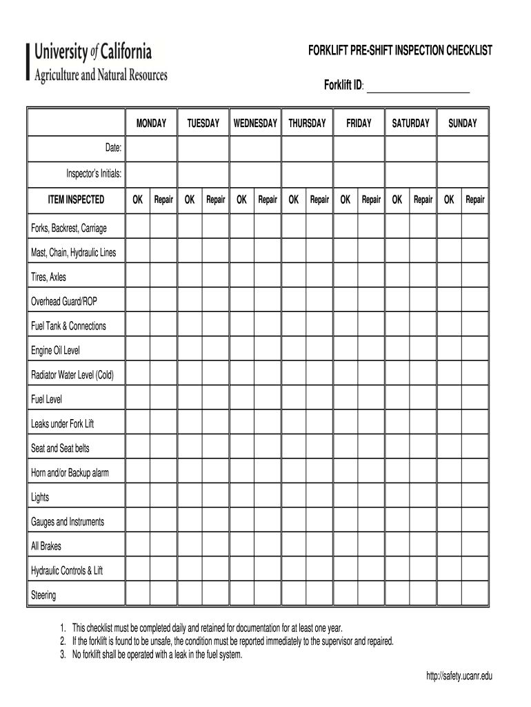 Osha Daily Forklift Inspection Checklist Pdf Fill Out Sign Online 