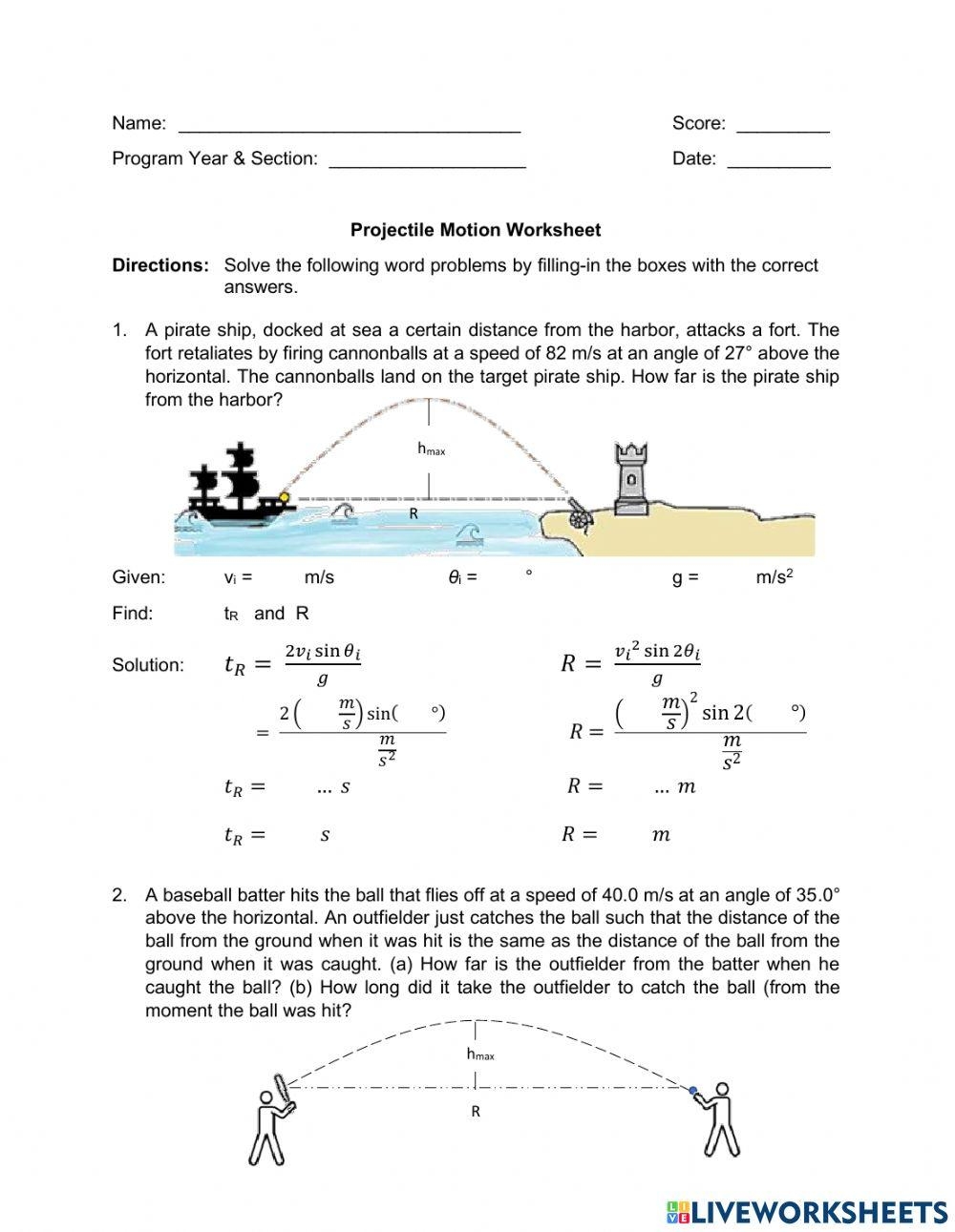 projectile motion worksheet