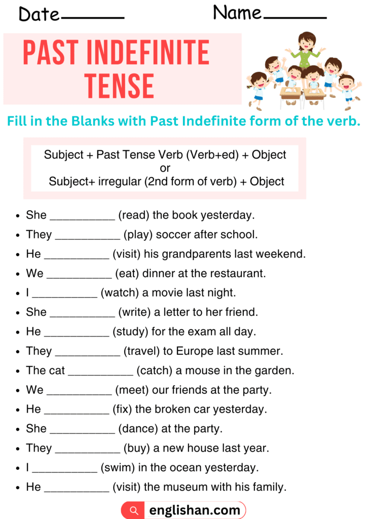 Past Indefinite Tense Worksheets And Exercises With Answers Englishan