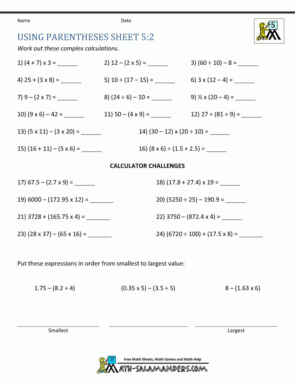 pemdas worksheets for 6th graders