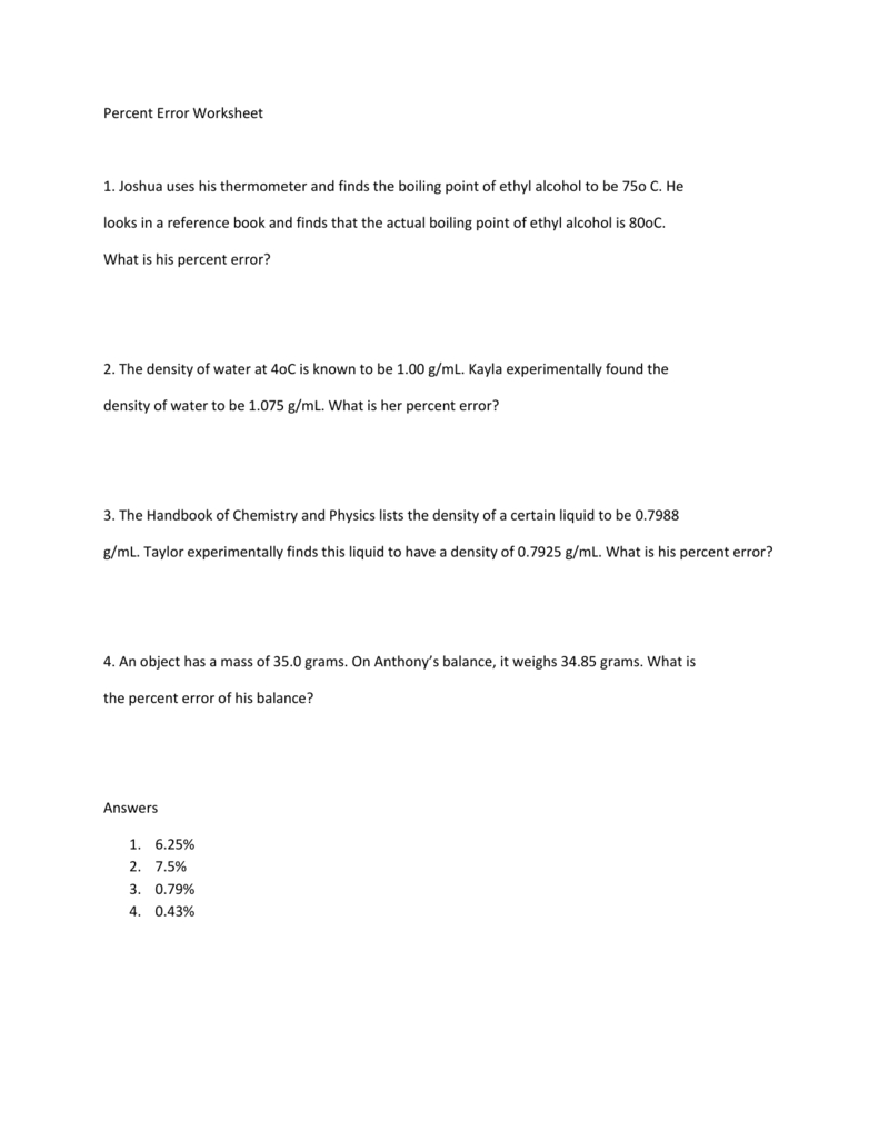 Percent Error Worksheet Practice Db excel