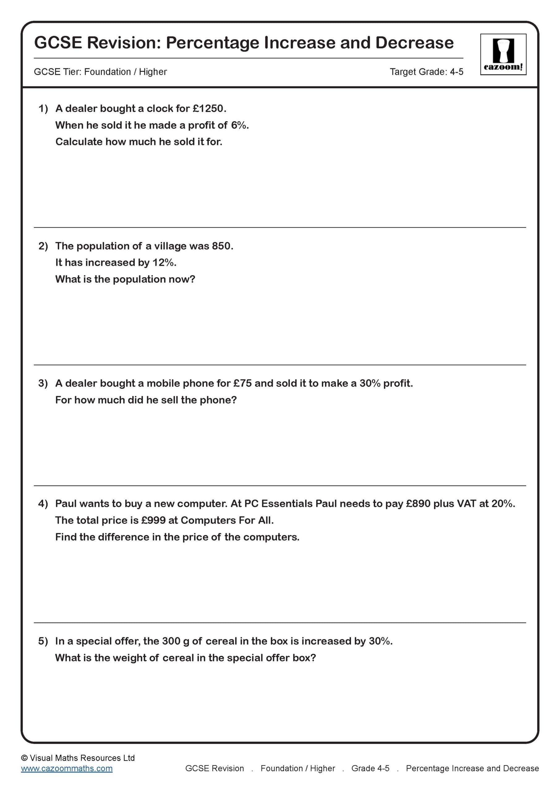 percentage increase decrease worksheet