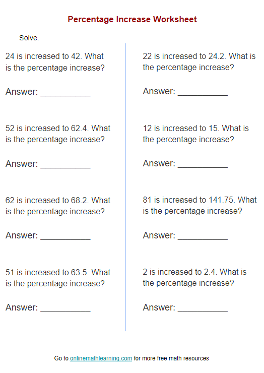 Percentage Increase Worksheet answers Examples Worksheets Library